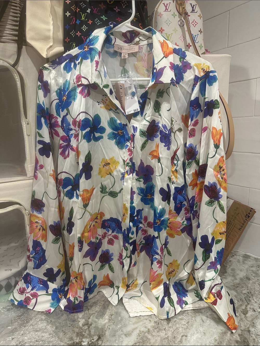 NWT Philosophy White silky Blouse with Blue, Purple & Yellow Floral Print XL